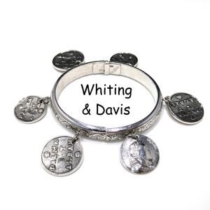 Whiting & Davis Hinged Bracelet, Six Faux Coins, Book Piece, 1980s Vintage